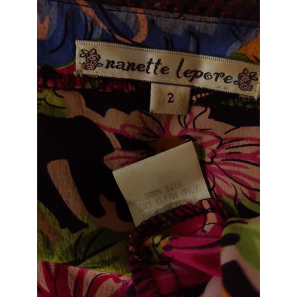 Nanette Lepore 100% Silk Black Pink Multi Floral Flutter Sleeve Faux Wrap Top 2 - Picture 8 of 8